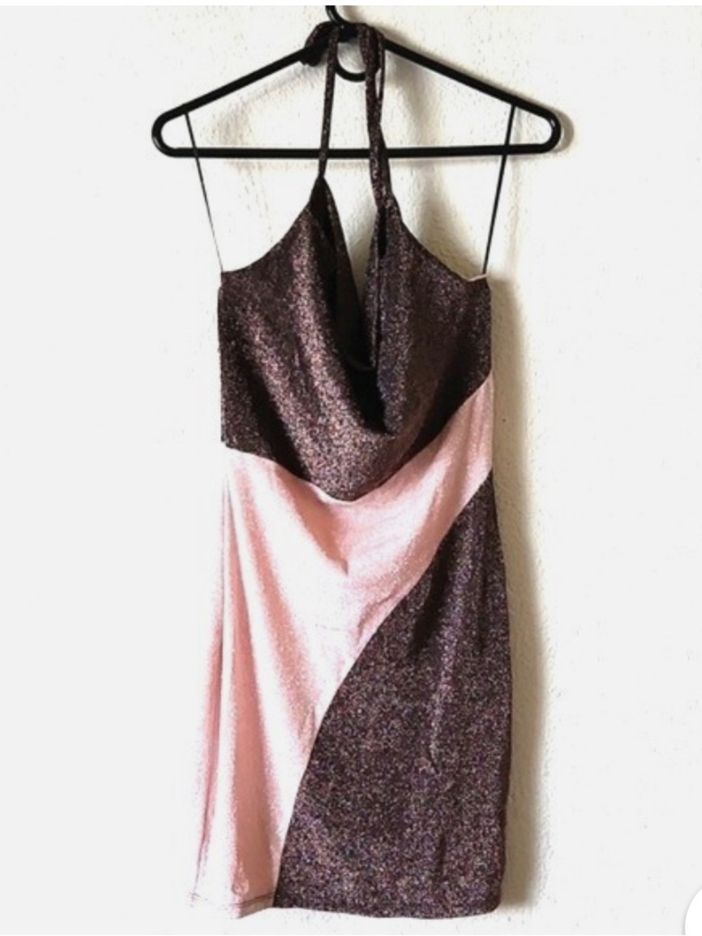 Naked wardrobe Pink and Brown Shimmery Halter Bodycon Dress w/ matching sweater